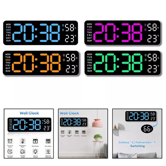 BCLONG Digital Large Display Wall Desk Alarm Clock With Calendar Temperature Date