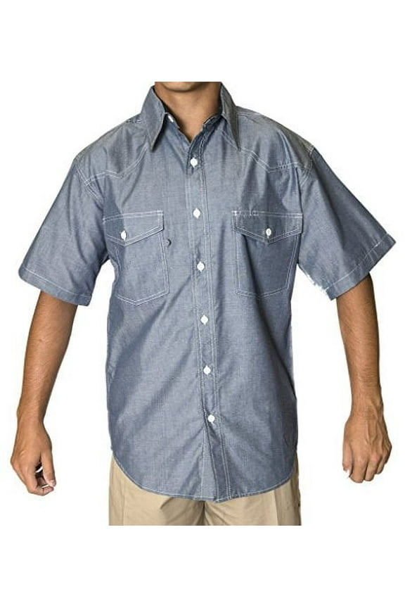 BCO Mens Blue Chambray Short Sleeve Shirt, Western Style Button Front (No Snaps) 60% Cotton 40% Polyester