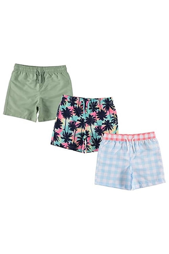 3-Pack Boys Swim Trunks Size 4, Quick Dry Swimming Shorts with Liner - Solid Green, Tropical/Check Print