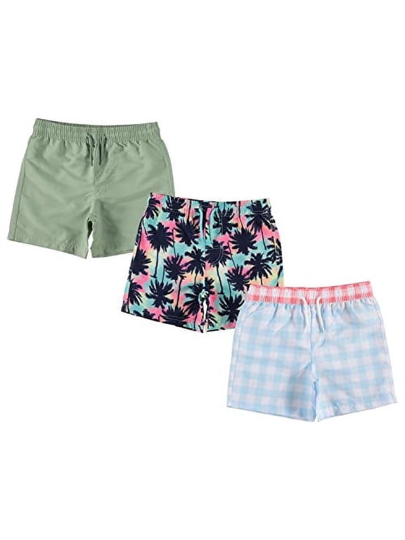 3-Pack Boys Swim Trunks Size 4, Quick Dry Swimming Shorts with Liner - Solid Green, Tropical/Check Print