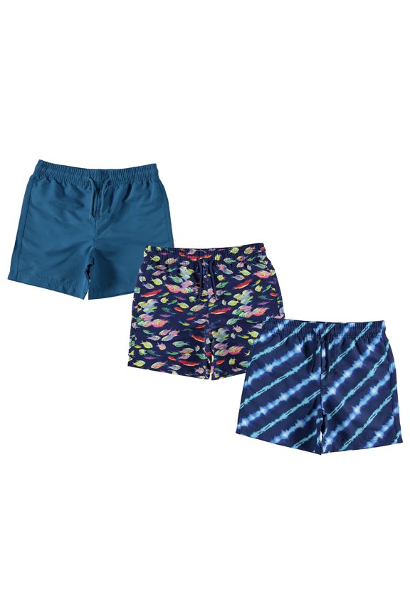 3-Pack Boys Swim Trunks Size 7, Quick Dry Swimming Shorts with Liner - Solid Blue, Fish/Tie Dye Print