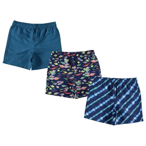 BCOOL 3-Pack Boys Swim Trunks Size 7, Quick Dry Swimming Shorts with Liner - Solid Blue, Fish/Tie Dye Print