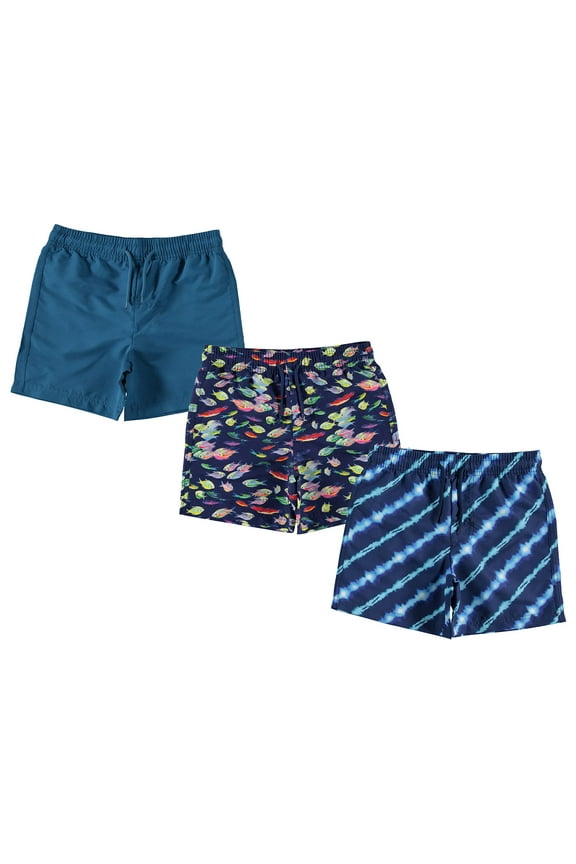 3-Pack Boys Swim Trunks Size 7, Quick Dry Swimming Shorts with Liner - Solid Blue, Fish/Tie Dye Print