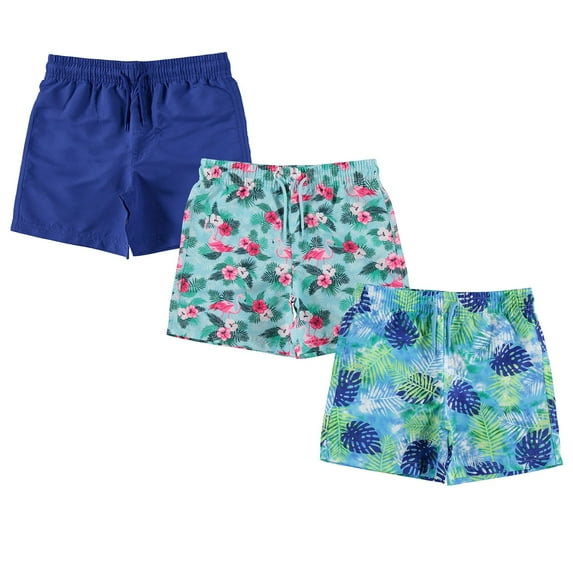 BCOOL 3-Pack Boys Swim Trunks Size 7, Quick Dry Swimming Shorts with Liner - Solid Blue, Tropical Print