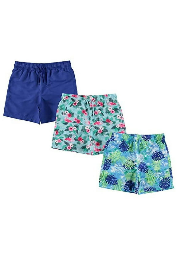 3-Pack Boys Swim Trunks Size 8, Quick Dry Swimming Shorts with Liner - Solid Blue, Tropical Print