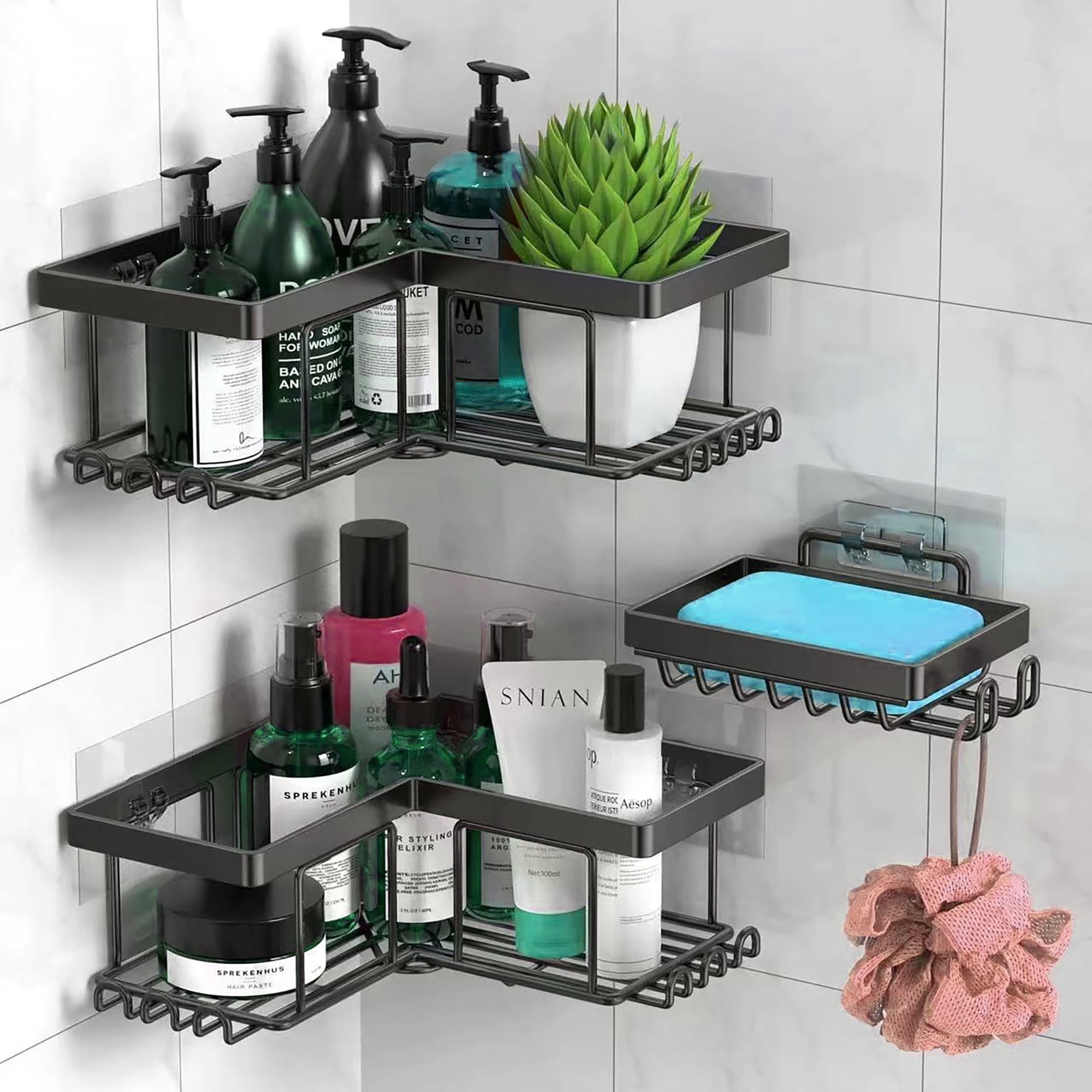 Corner Shower Shelves, Bathroom Storage Rack With Hooks, Shower