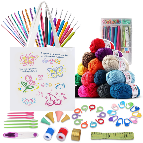 BCOOSS Crochet Kit for Beginners Adults 73PCS Crochet Hook Set with Yarn Canvas Tote Bag