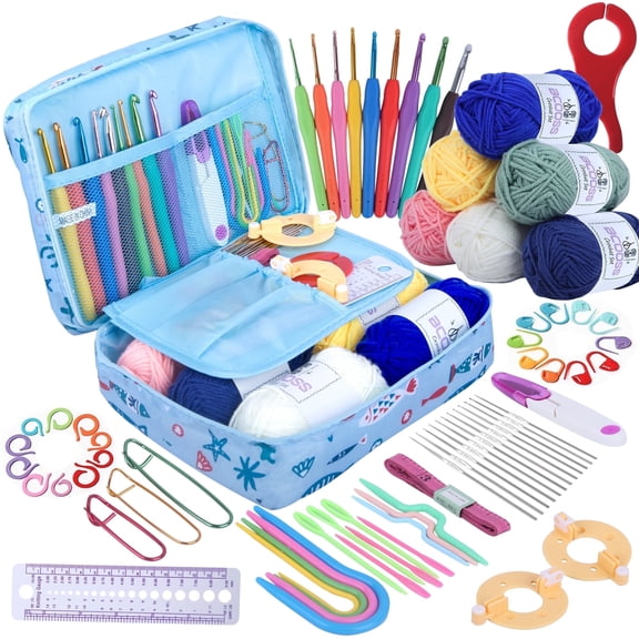 BCOOSS Crochet Kit for Beginners Adults Crochet Hook Set Includes Yarn Balls, Needles, Accessories Kit,Bag Blue