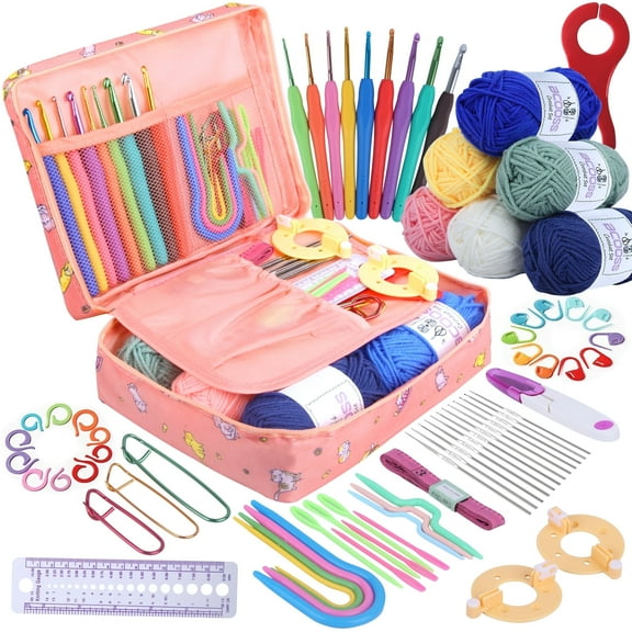 PLUSBRAVO Crochet Kit for Beginners Adults Crochet Hook Set Includes Yarn Balls, Needles, Accessories Kit,Bag Pink