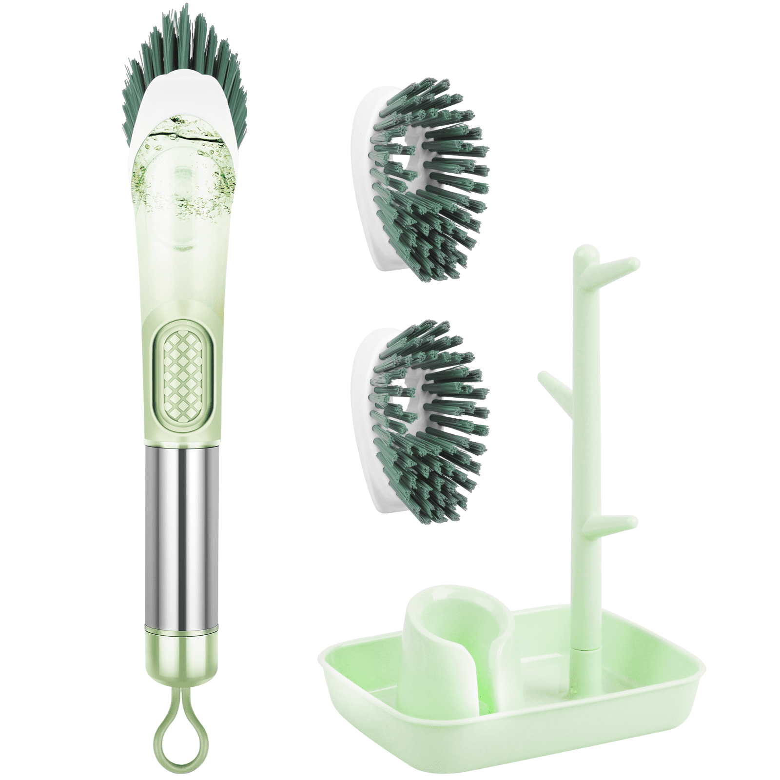 BCOOSS Dish Brush with Soap Dispenser Kitchen Scrubber Set for Cleaning Pot  Pan Sink with 3 Replaceable Brush Heads and 1 Holder (Green) 