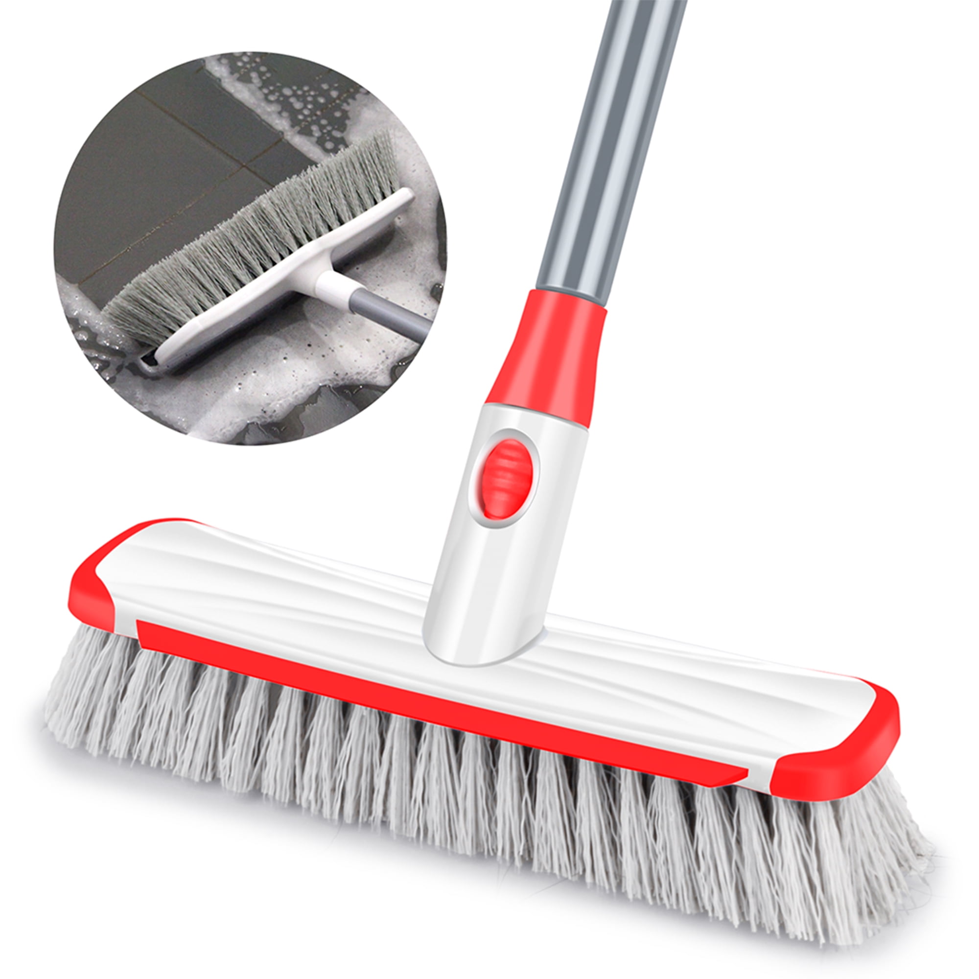 Bcooss Floor Scrub Brush with Long Handle for Cleaning 2 in 1 Scrape and Stiff Bristle Scrubber Brush, White