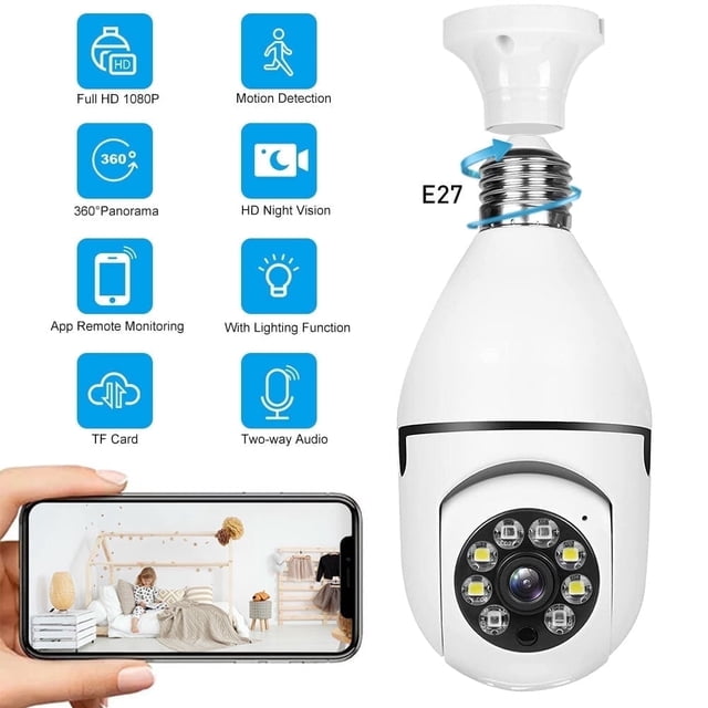 BCOOSS Home Security Camera Wireless WIFI Outdoor Surveillance Camera with Light Bulb 1080 HD Motion Detection 360 Degree Wide Angle