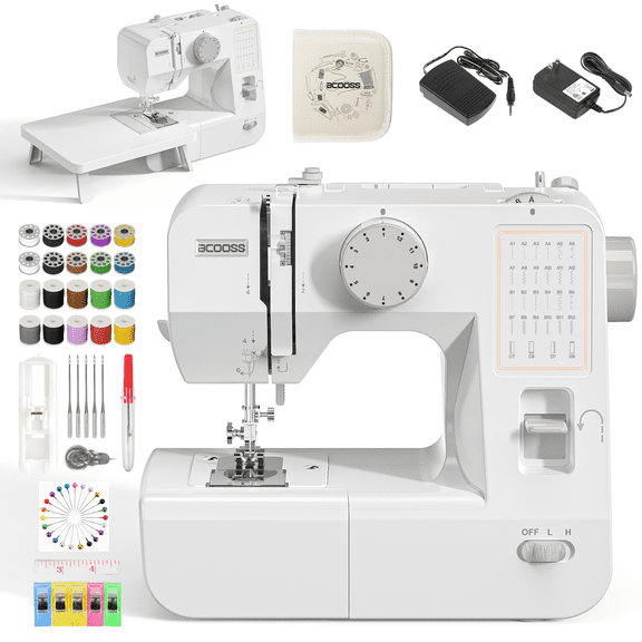BCOOSS Portable Sewing Machine for Beginners 28 Built-in Stitches with Extension Table &Accessory Kit,White