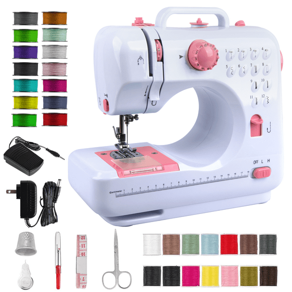 BCOOSS Sewing Machine for Beginner Multi-Functional Portable Machine with 12 Built-in Stitches,Pink