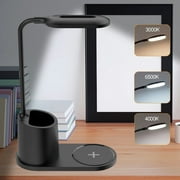 BCOOSS Small Led Desk Lamp for an Office in Home with USB Port and Wireless Charging - 3 Modes Dimmable Gooseneck Desk Light（Black）