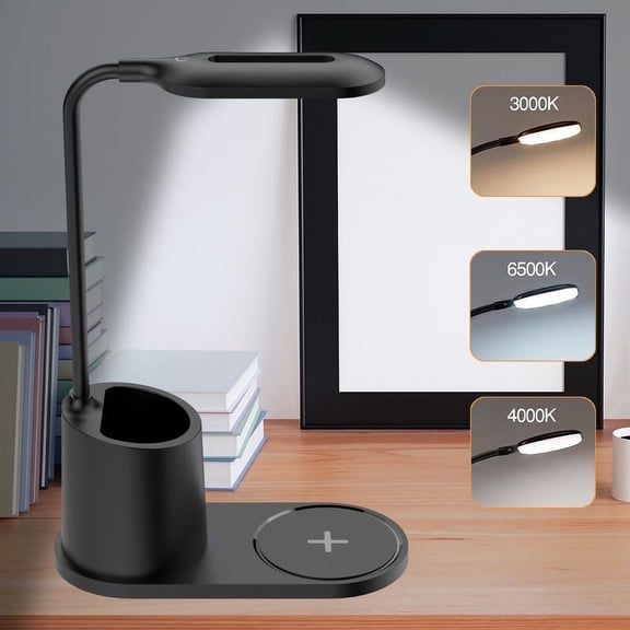 BCOOSS Small Led Desk Lamp for an Office in Home with USB Port and Wireless Charging - 3 Modes Dimmable Gooseneck Desk Light(Black)