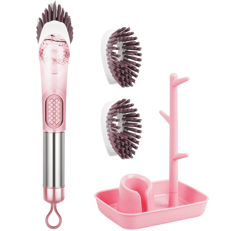 Dish Cleaning Brush, Soap Dispensing Dish Brush Set with 4 Replacement Heads and Storage Holder, Kitchen Scrub Brush for Dish Pot Pan Sink Cleaning