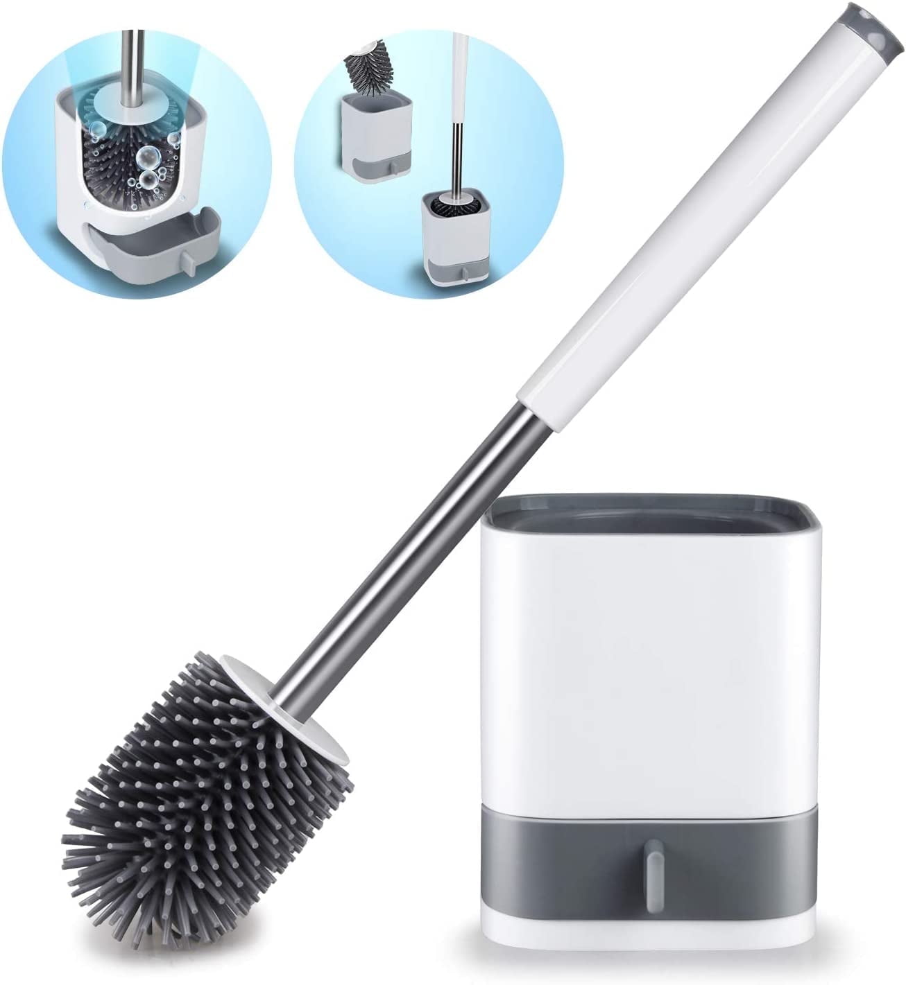 BCOOSS Toilet Brush and Holder Set, Bathroom Toilet Bowl Brush and Caddy Cleaner Anti Slip with Sturdy Soft Silicone Bristle Removable Water Drawer Quick Drying (White)