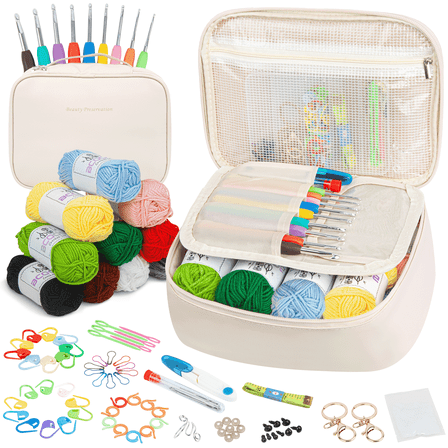 BCOOSS 115PCS Crochet Kit for Beginner Adults with Bag Crochet Hook Yarn Set Includes Needles,Knitting Supplies,White