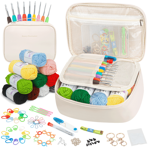BCOOSS 115PCS Crochet Kit for Beginner Adults with Bag Crochet Hook Yarn Set Includes Needles,Knitting Supplies,White