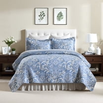 BCOTTOND Reversible King Quilt Set (106x98in) with 2 Pillow Shams (20x36in) -Luxury Floral Bedspread - 100% Cotton All Season Bedding Set - Lightweight, Soft, Pre-Washed(Blue/Grey)