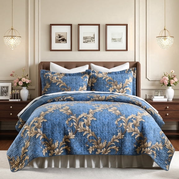 BCOTTOND Floral Quilt Set King Size - Reversible Dimensional Botanical Bedspread - 100% Cotton Pre-Washed Luxury Coverlet with 2 Pillow Shams(Bule/Brown)