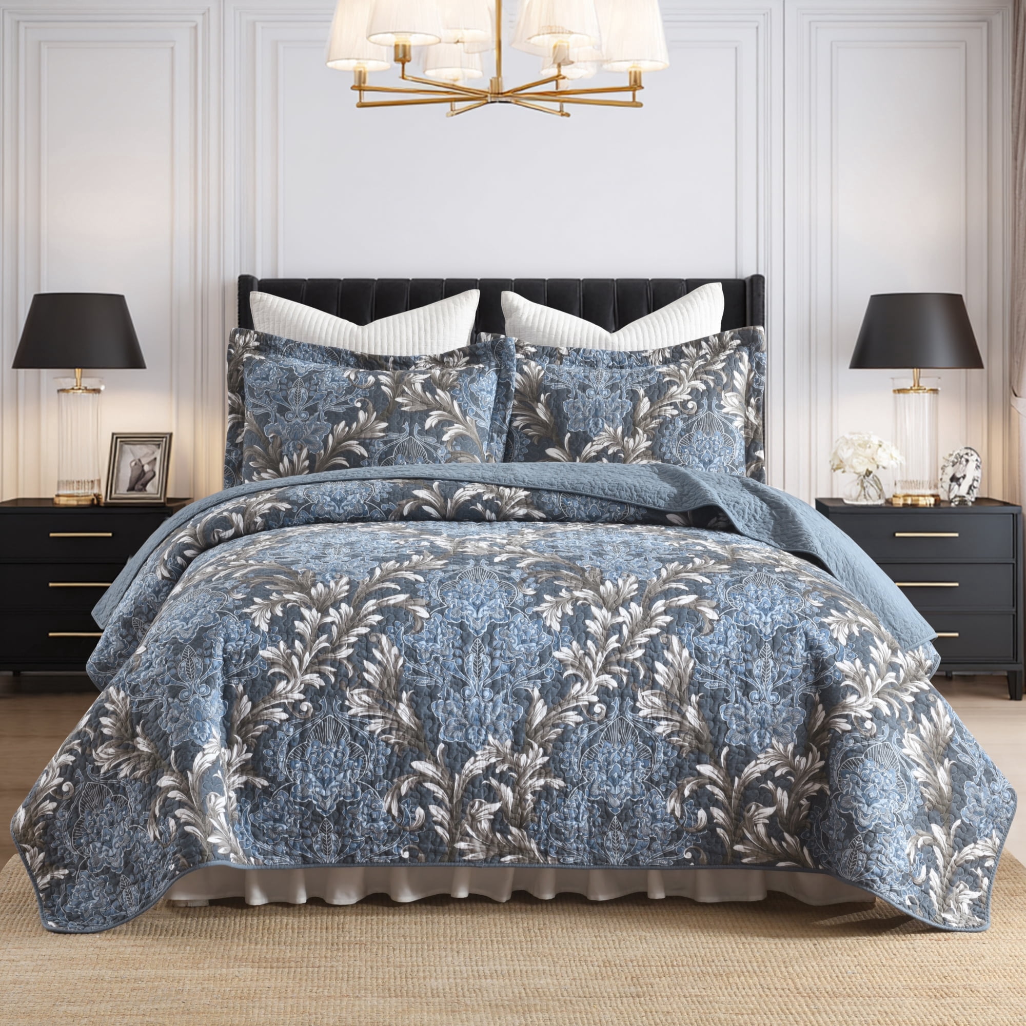 BCOTTOND Floral Quilt Set Queen Size- 100% Cotton Pre-Washed Luxury Coverlet with 2Pillow Shams - Reversible Dimensional Botanical Bedspread(Blue/Grey)