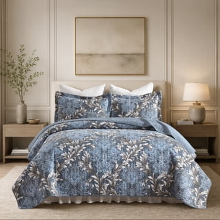 BCOTTOND Quilt Set Queen, 100% Cotton Luxury Vintage Floral Bedding Set, Reversible Quited Bedspread, All Season Lightweight, 3 Piece, Blue Grey