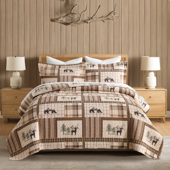 BCOTTOND Lodge Quilt Set Queen, Rustic Cabin Bedspread with Forest Bear & Moose Patchwork, Pre-Washed 100% Cotton Lightweight 3-Piece Coverlet with 2 Shams
