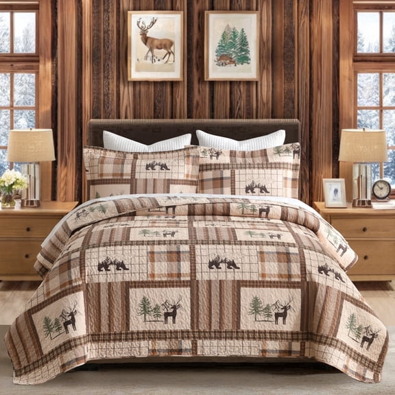 BCOTTOND Lodge Quilt Set Queen, Rustic Cabin Bedspread with Forest Bear & Moose Patchwork, Pre-Washed 100% Cotton Lightweight 3-Piece Coverlet with 2 Shams