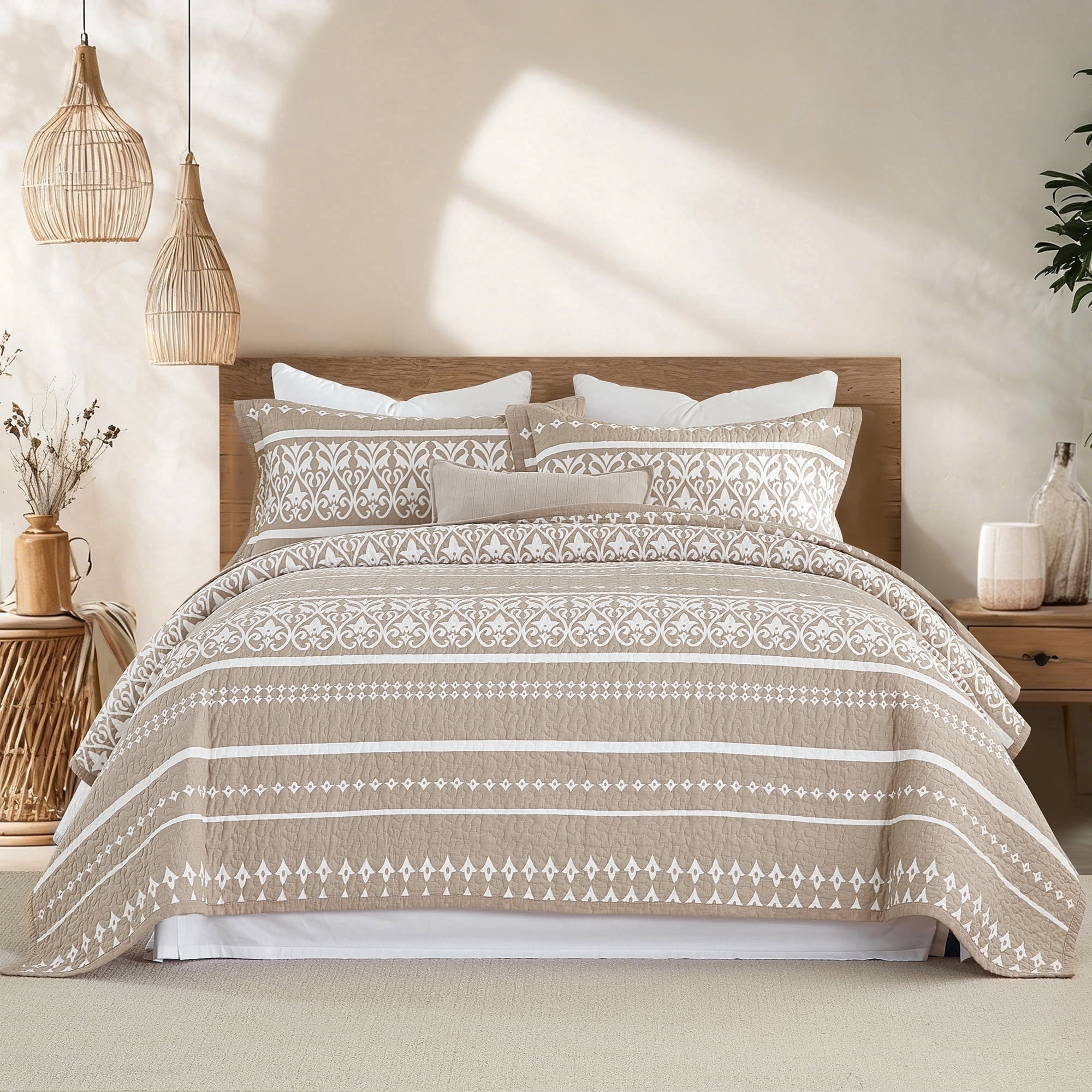 BCOTTOND Boho Quilt Set Queen 3-Piece, 100% Cotton Farmhouse Bedding, Warm Tan & Taupe Bohemian Pattern, All-Season Lightweight Coverlets