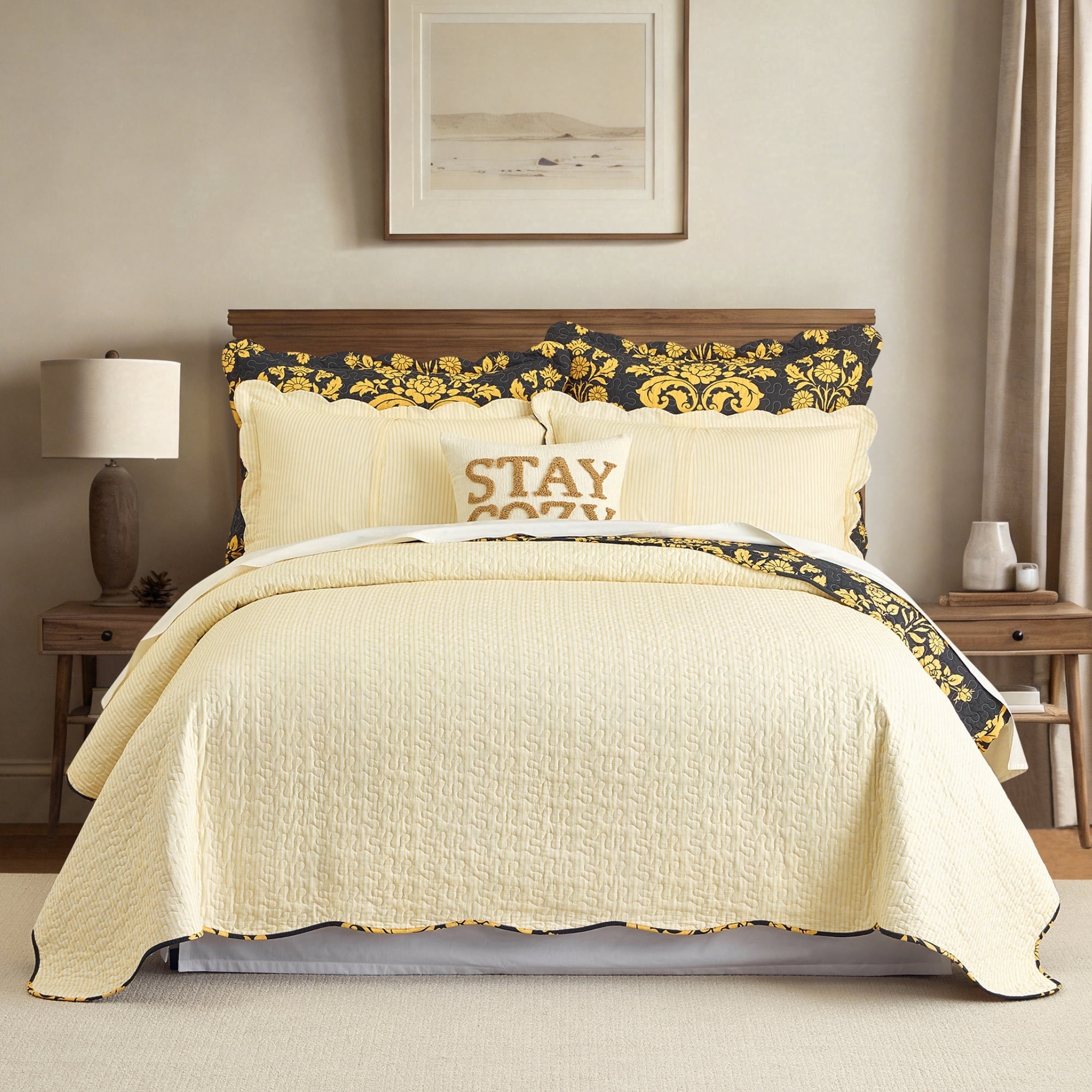 BCOTTOND Hotel-Grade Queen Size Quilt Set, 100% Cotton Reversible Damask Bedspread, Pre-Washed 3-Piece Lightweight Coverlet with 2 Shams, Black Gold