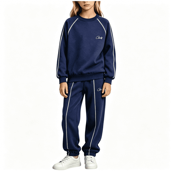 BCSIOAOI 2 Piece Outfit for Girls,Raglan Sleeve Crew Neck Striped Sweatshirt and Jogger Pants Set Navy 9-10 Years