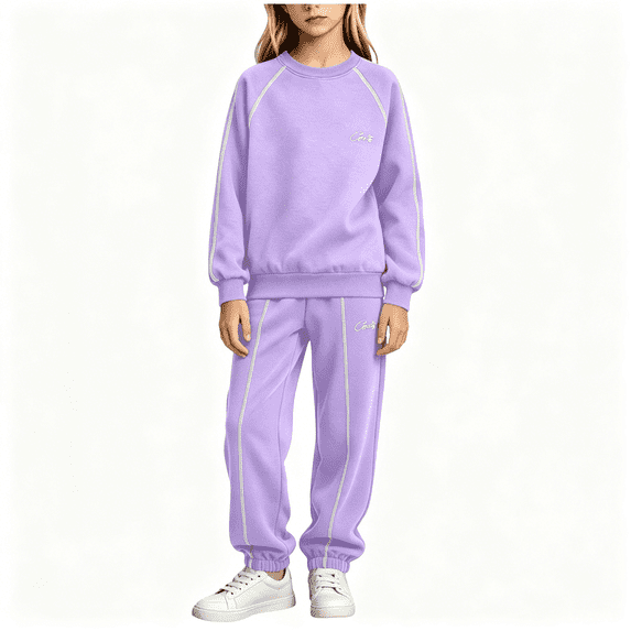 BCSIOAOI 2 Piece Outfit for Girls,Raglan Sleeve Crew Neck Striped Sweatshirt and Jogger Pants Set Purple 11-12 Years