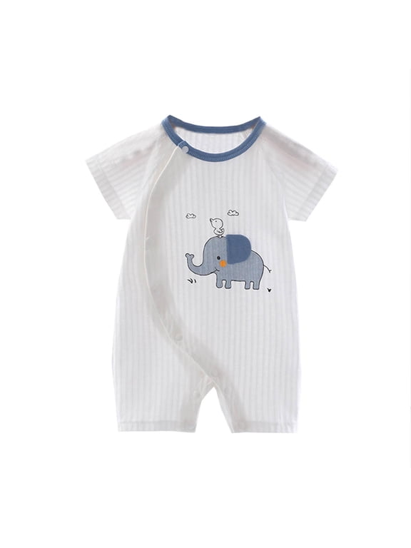 Baby Jumpsuit,Cotton Breathable Short Sleeve Elephant Print Front-Snap Romper White 6-9 Months