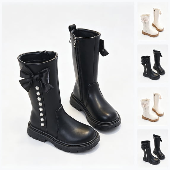 BCSIOAOI Boots for Girls Winter Mid Calf Boots Side Zip Bow Soft Sole Everyday Shoes