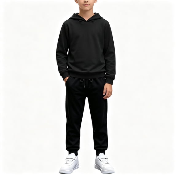 BCSIOAOI Boys 2 Piece Outfit,Solid Pullover Hoodie Drawstring Sweatpants Matching Set Black 5-6 Years