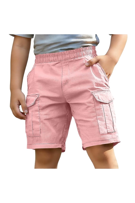 Boys Gym Shorts,Cotton Solid Elastic Waist Summer Casual Shorts with Pockets Pink 9-10years