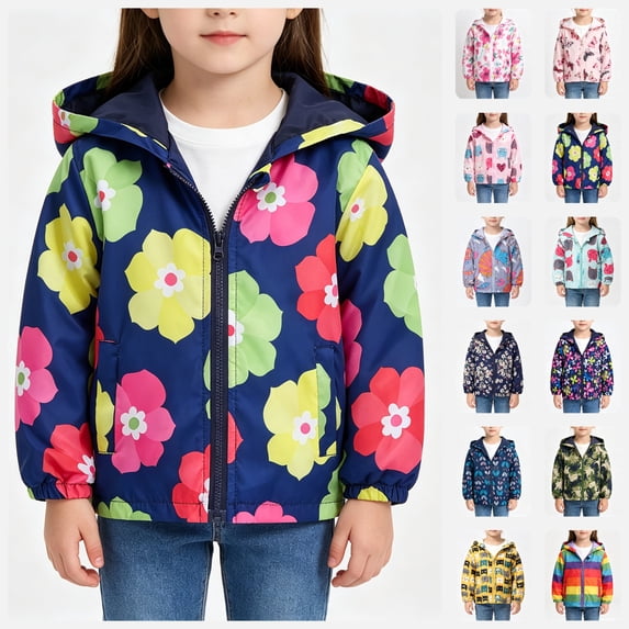 BCSIOAOI Boys Jacket,Cute Print Hooded Zip Lightweight Windbreaker with Pockets Blue 5-6 Years