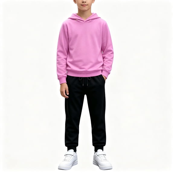 BCSIOAOI Boys Matching Sets,Solid Pullover Hoodie Drawstring Sweatpants Matching Set Pink 11-12 Years