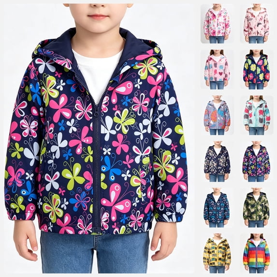 BCSIOAOI Boys Outerwear,Cute Print Hooded Zip Lightweight Windbreaker with Pockets Dark Blue 6-7 Years