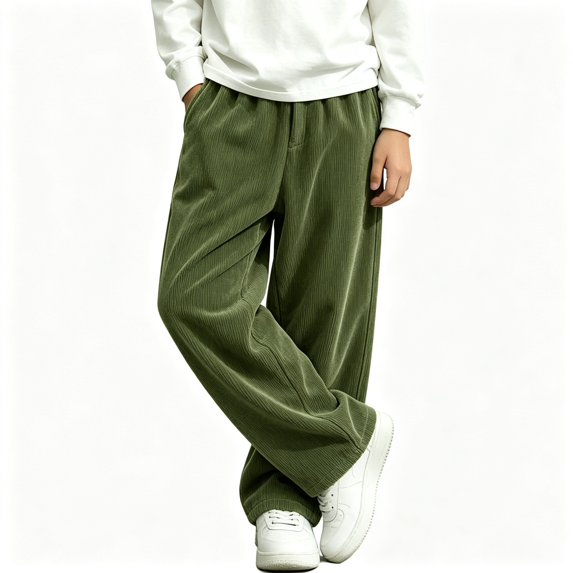 BCSIOAOI Boys Pants,Corduroy Elastic Waist Solid Wide Leg Pants with Pockets Army Green 12-13 Years
