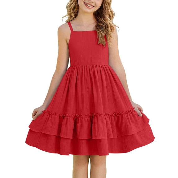 BCSIOAOI Dress Girls,Sleeveless Tiered Ruffle Hem Solid Casual Summer Dress Red 6-7 Years