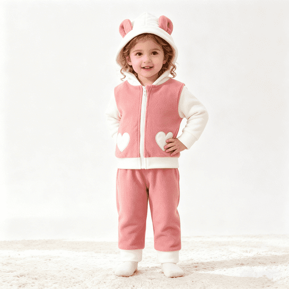 BCSIOAOI Girls 2 Piece Outfit,Hooded Bear Ear Heart Fleece Zip-Up Top and Pants Sets Pink 3-6 Months