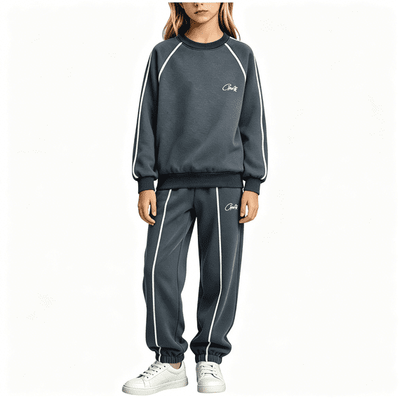 BCSIOAOI Girls 2 Piece Outfit,Raglan Sleeve Crew Neck Striped Sweatshirt and Jogger Pants Set Dark Gray 5-6 Years