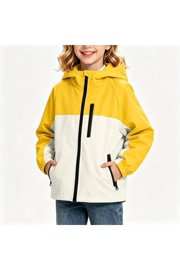 Girls Coat,Color Block Hooded Waterproof Softshell Rain Jacket with Pockets Yellow 5-6 Years
