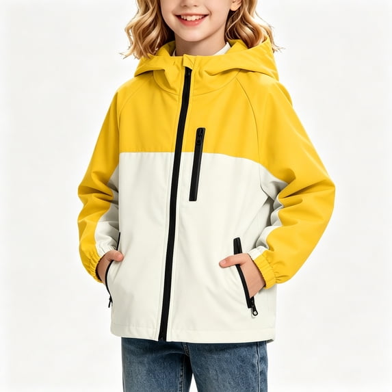 BCSIOAOI Girls Coat,Color Block Hooded Waterproof Softshell Rain Jacket with Pockets Yellow 7-8 Years