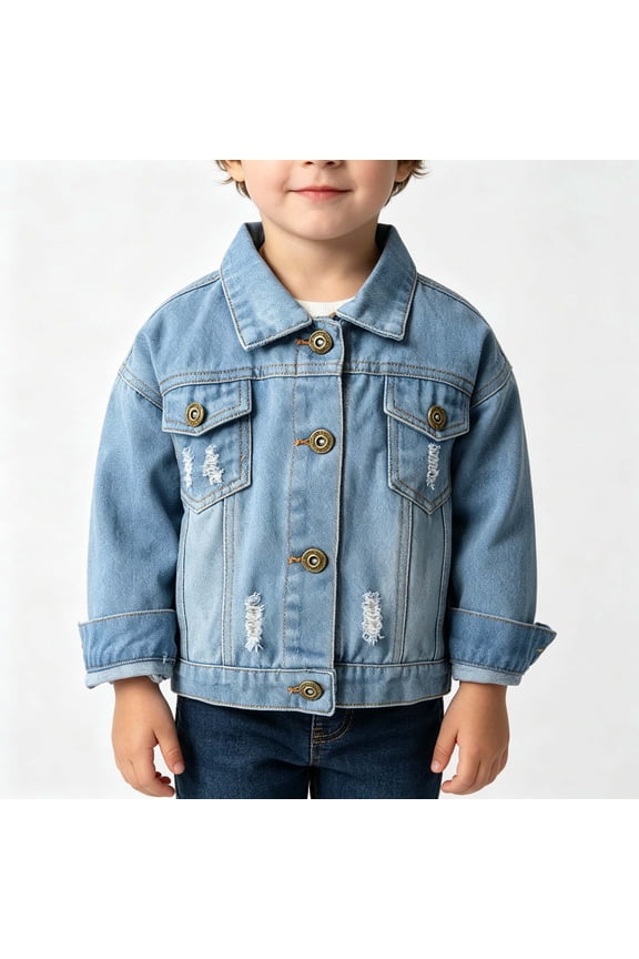 Girls Coat,Rolled Cuff Collared Distressed Denim Jacket with Flap Pockets Light Blue 6-7 Years