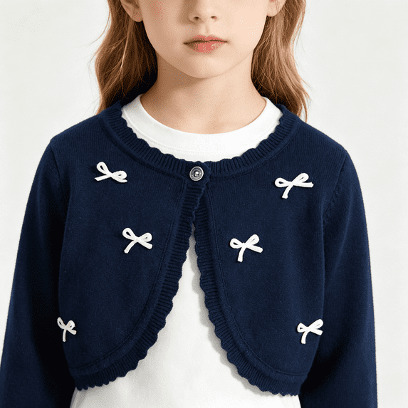 BCSIOAOI Girls Coat,Single Button Bow Applique Long Sleeve Knit Cropped Shrug Cardigan Navy 7-8 Years