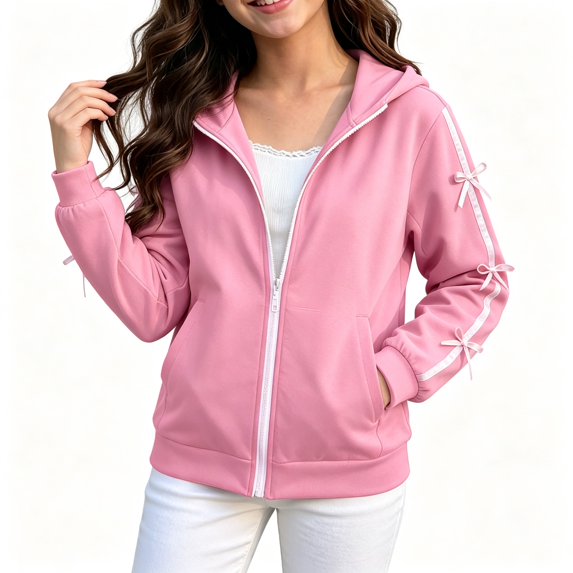 BCSIOAOI Girls Coat,Zip Up Long Sleeve Hoodie Jacket with Bow Decor and Pockets Pink 12-13 Years